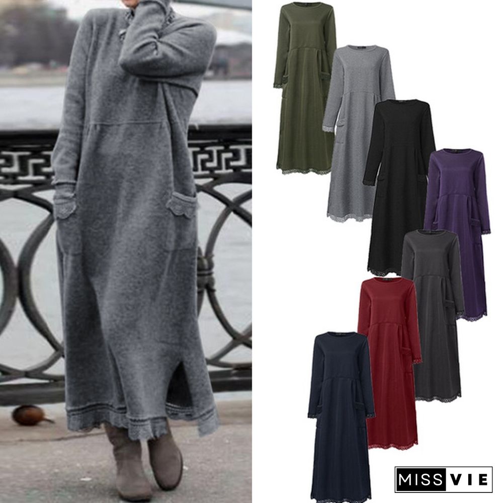 Women Long Sleeve O Neck Pullover Maxi Dresses Solid Color Ladies Loose Tunic Jumper New Fashion