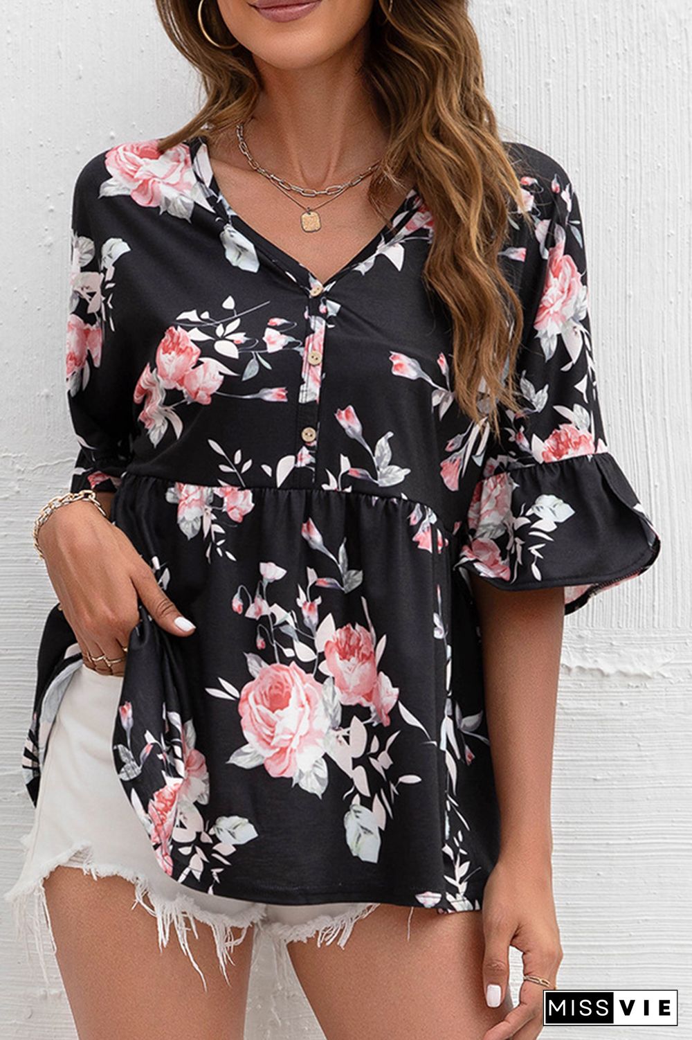 Floral Print V Neck Button Ruffle Blouse Wholesale