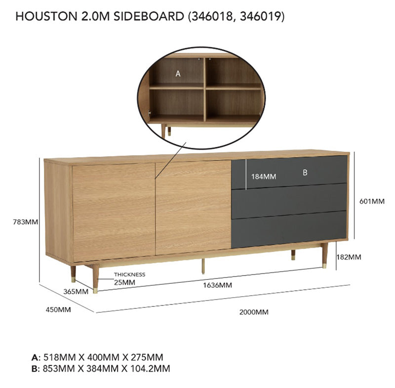 HOUSTON 200cm Sideboard Buffet - Oak & Grey