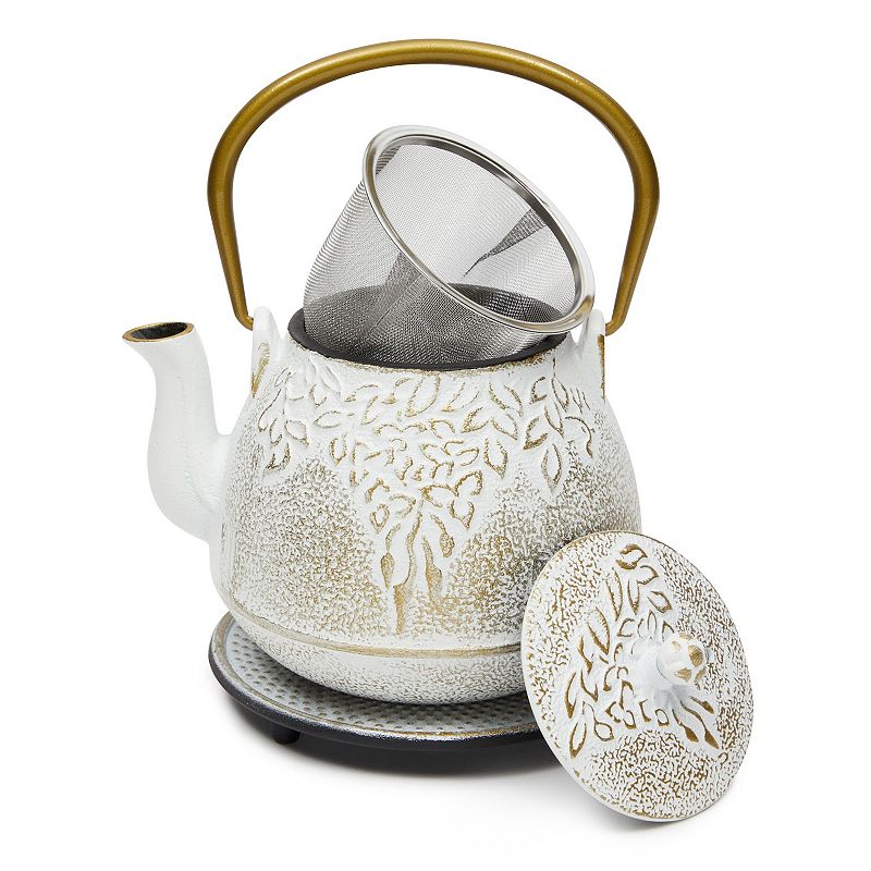 32 Oz White Gold Japanese Cast Iron Teapot Set With Handle， Infuser， Trivet