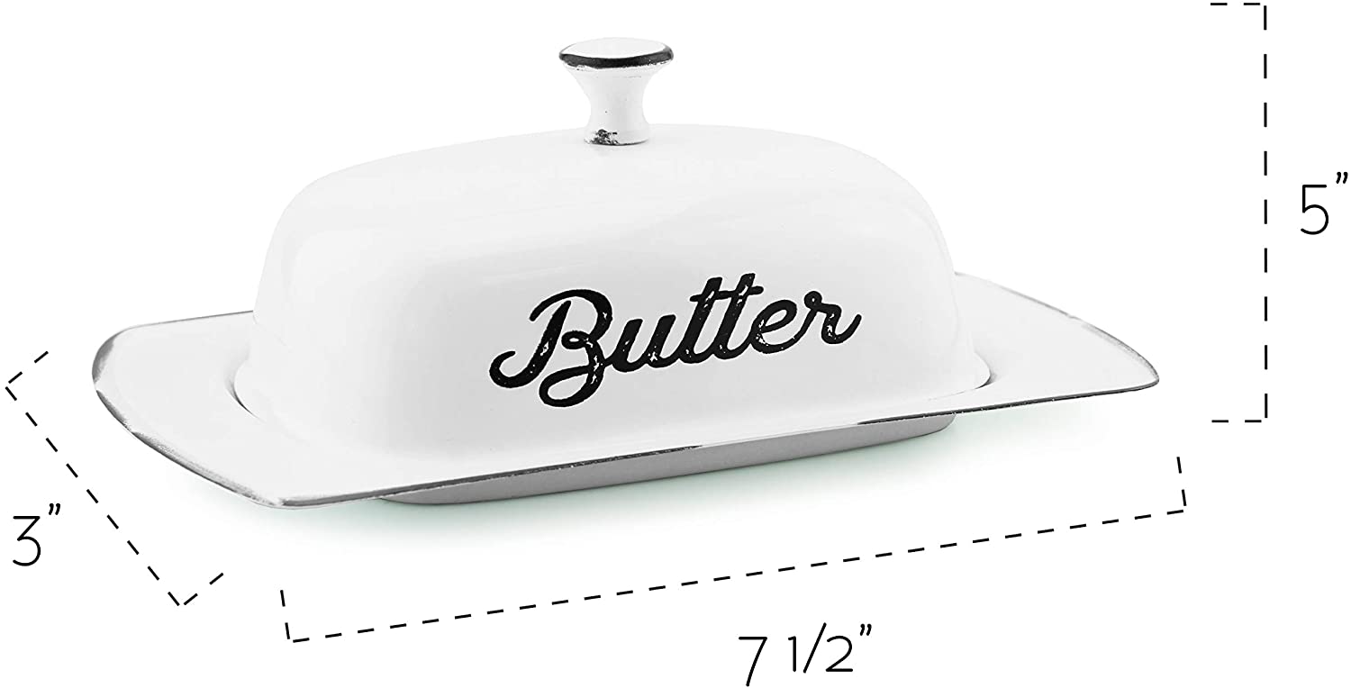 AuldHome Farmhouse White Butter Dish， Vintage Style Enamelware Butter Dish with Cover