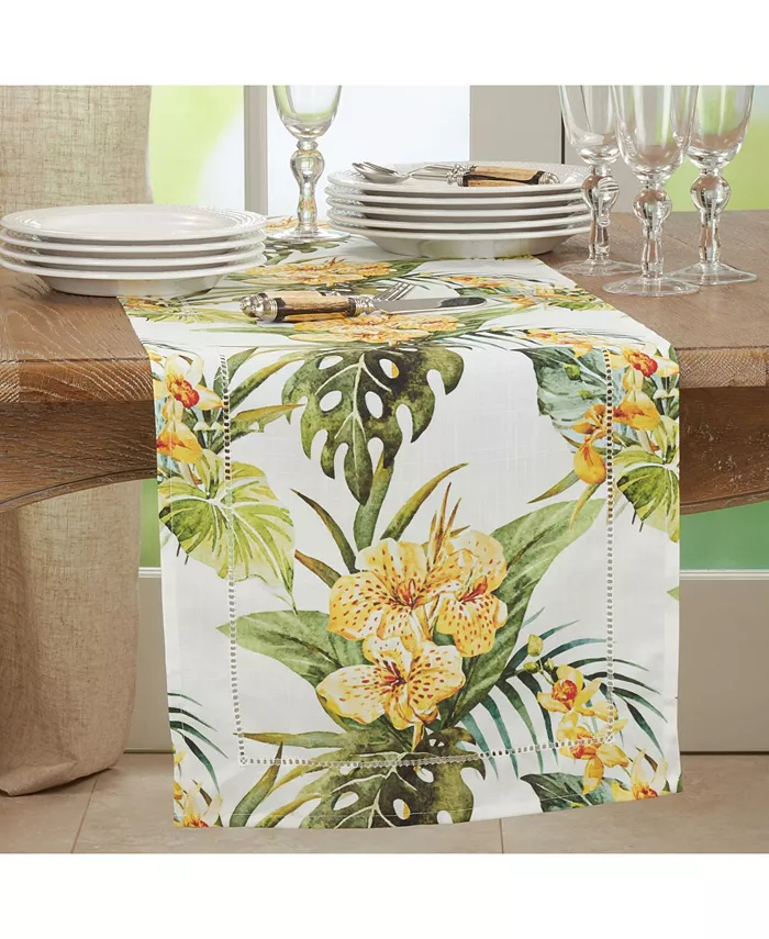 Saro Lifestyle Hemstitch Table Runner with Tropical Flower Design 72 x 16