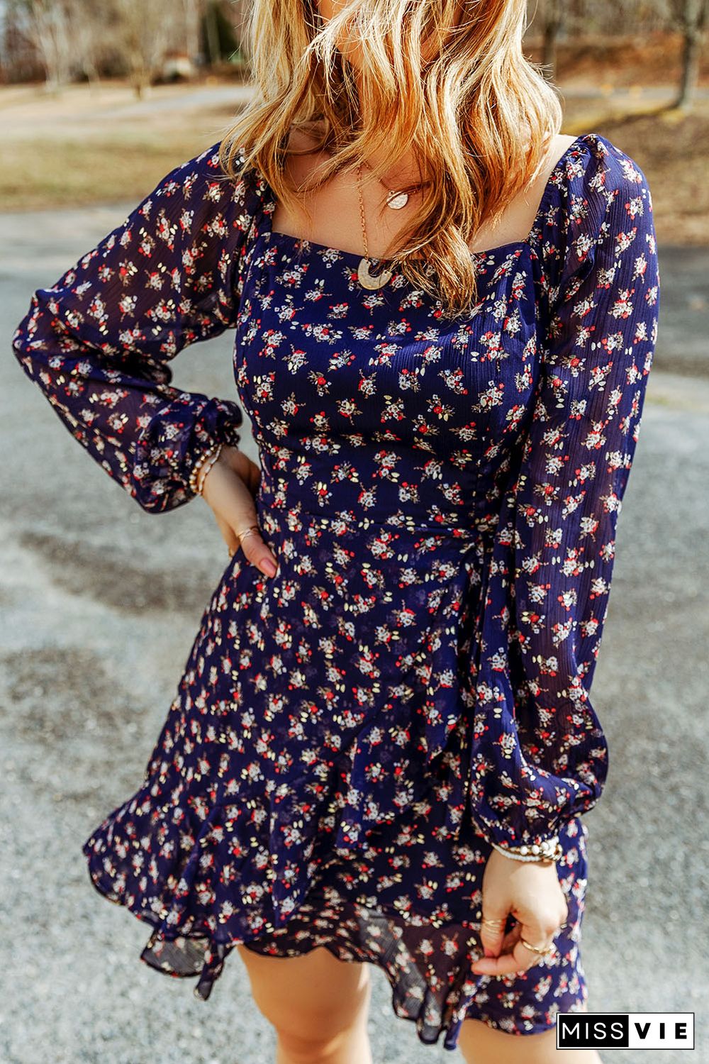 Blue Floral Print Smocked Square Neck Bubble Sleeve Dress