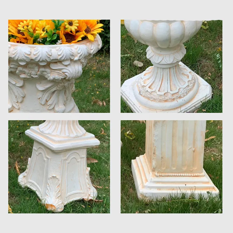 European Outdoor Resin Large Flower Pot Garden Decor Supplies 3D Luxury Carving Roman Columns Floor Vase Ornament