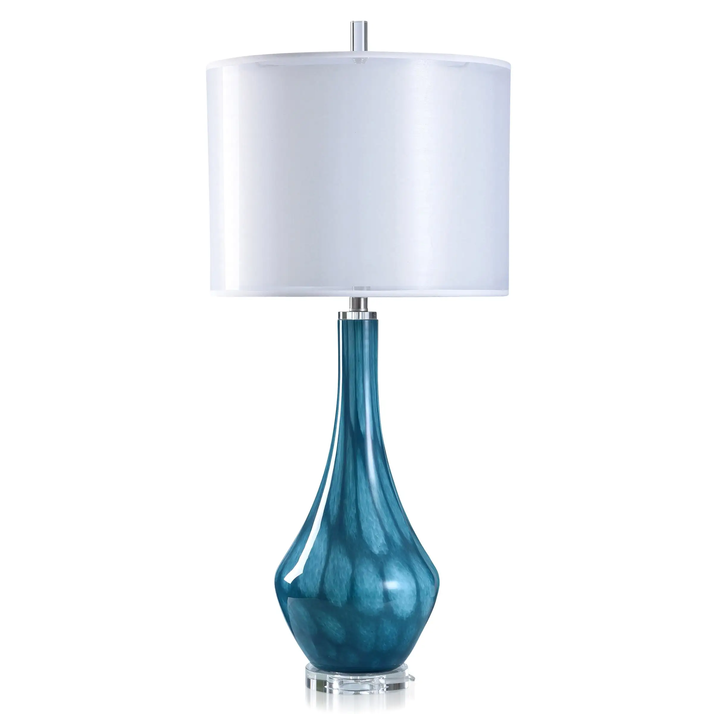 Painted Glass Body Table Lamp With Clear Acrylic Base - Tortoise Teal Finish - Sheer and White 2 Layer Shade