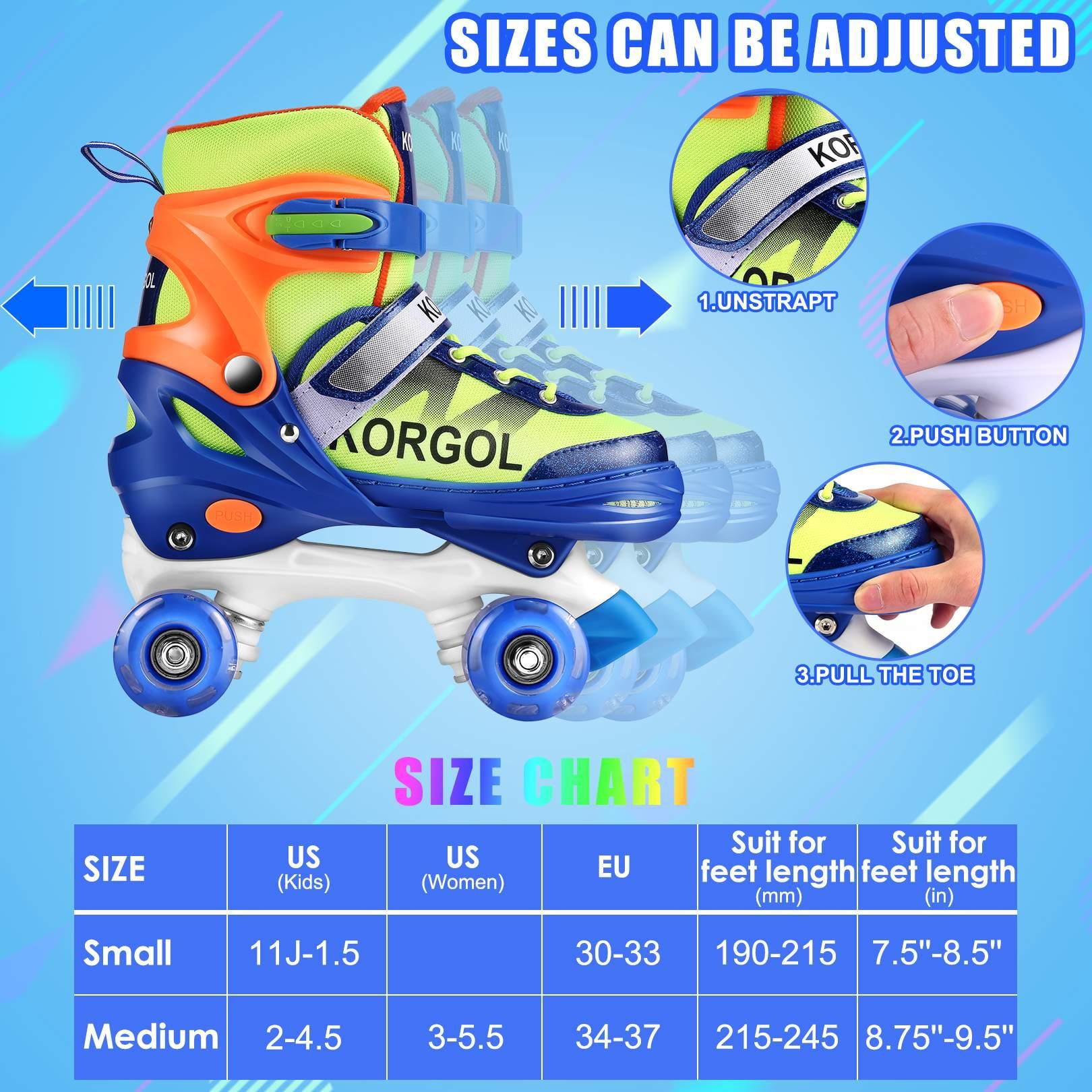 KORGOL Blue Adjustable Roller Skates with Illuminating Wheels， for Kids Boys Girls