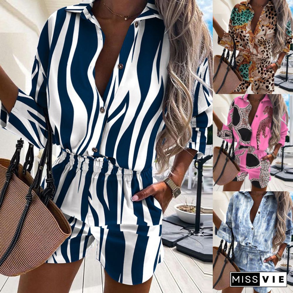 Casual Print Button Shirt Top And Shorts 2 Piece Set