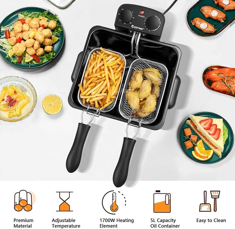 5.3 QT Electric Deep Fryer, 1700W Oil Fryer with Timer, Triple Stainless Steel Frying Basket, Viewing Window Lid