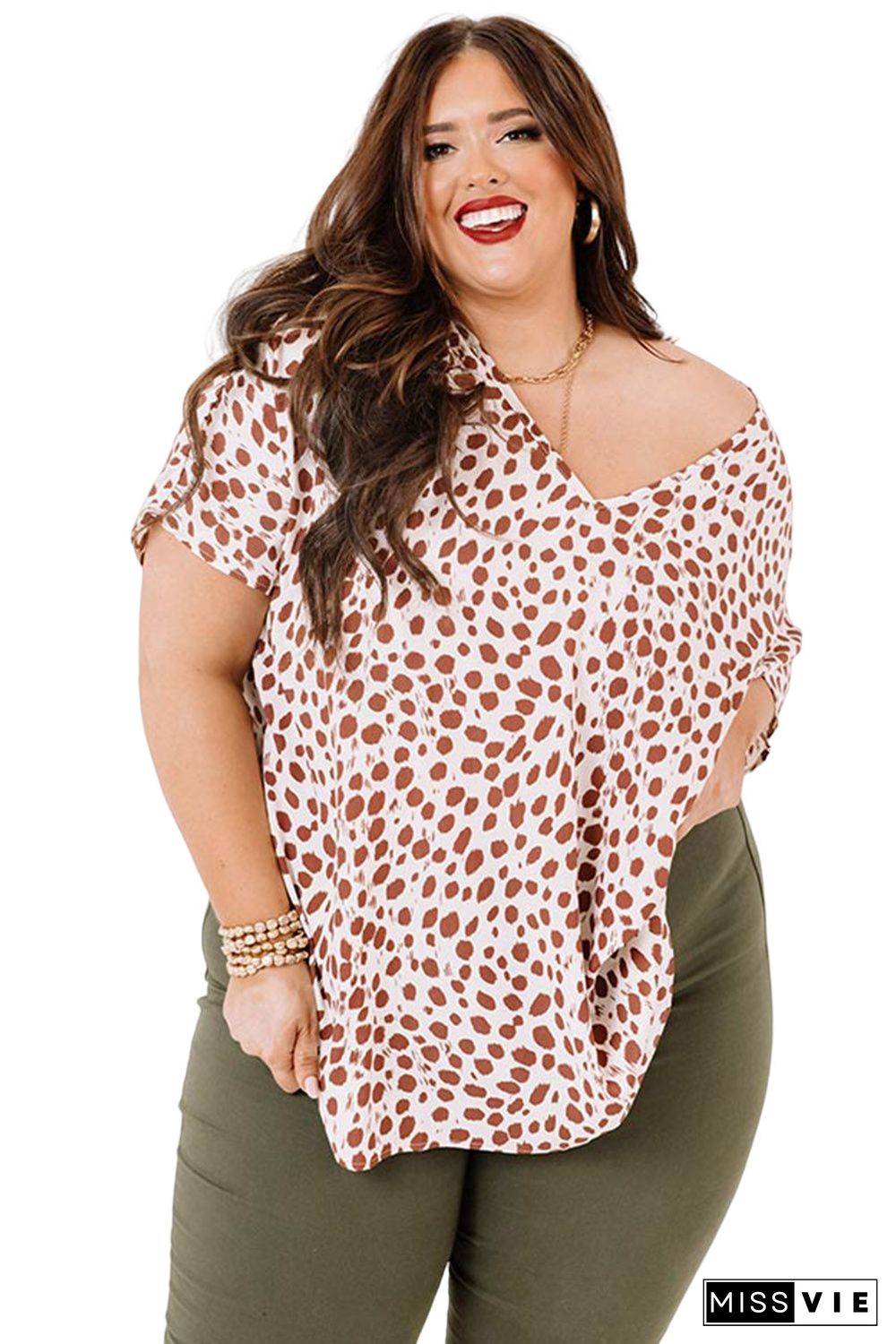 Plus Size Leopard V Neck Short Sleeve Shift Top