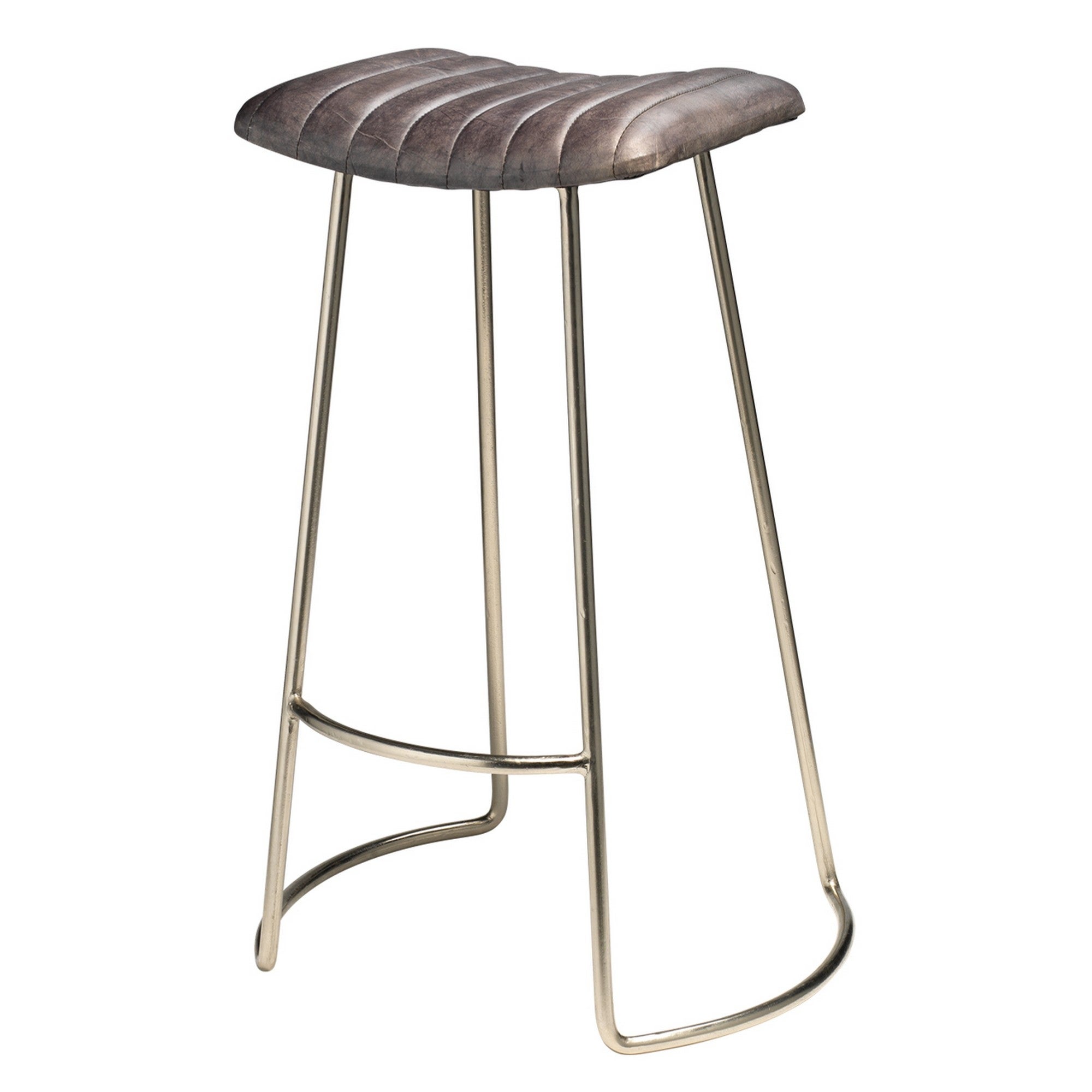 Bar Stool with Stitched Leatherette Seat， Silver and Gray