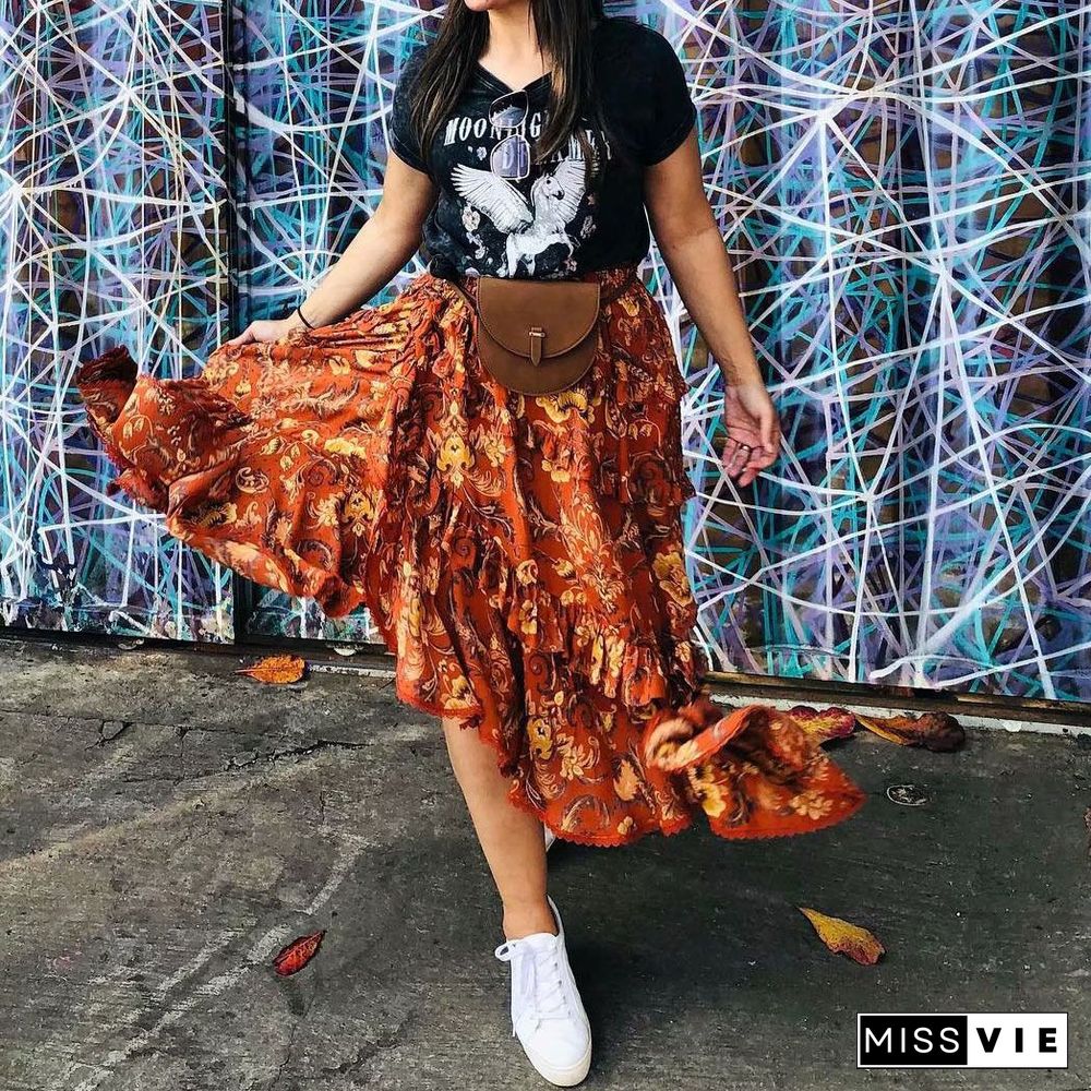 90s Fashion Retro Elastic Waist Paisley Ruffle Midi Skirt