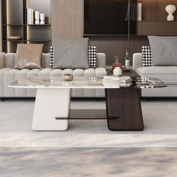 Modern Coffee Table with White and Black Top and Dark Brown and White Lacquered Legs