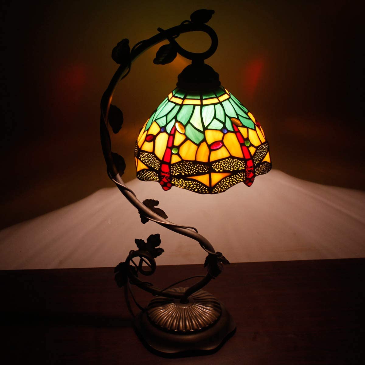 SHADY Tiffany Lamp Green Yellow Stained Glass Dragonfly Style Table Lamp Metal Leaf Base 8X10X21 Inches Desk Light Decor Small Space Bedroom Home Office S009G Series