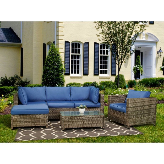 4pc Wicker Patio Sectional Seating Set Blue Edyo Living