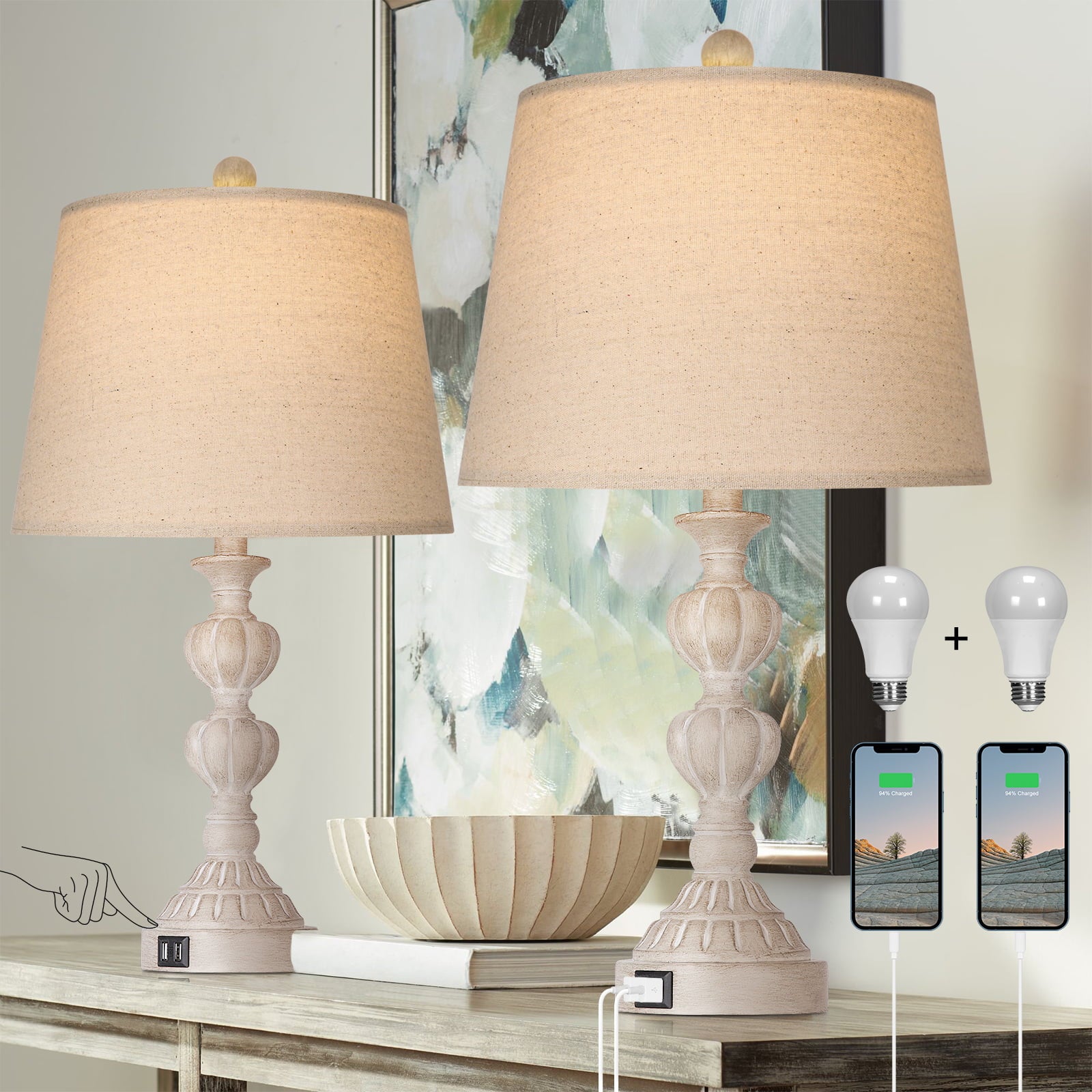 Partphoner Resin Washed-White Farmhouse Table Lamp Set of 2, 3-Way Dimmable with 2 USB Charging Ports