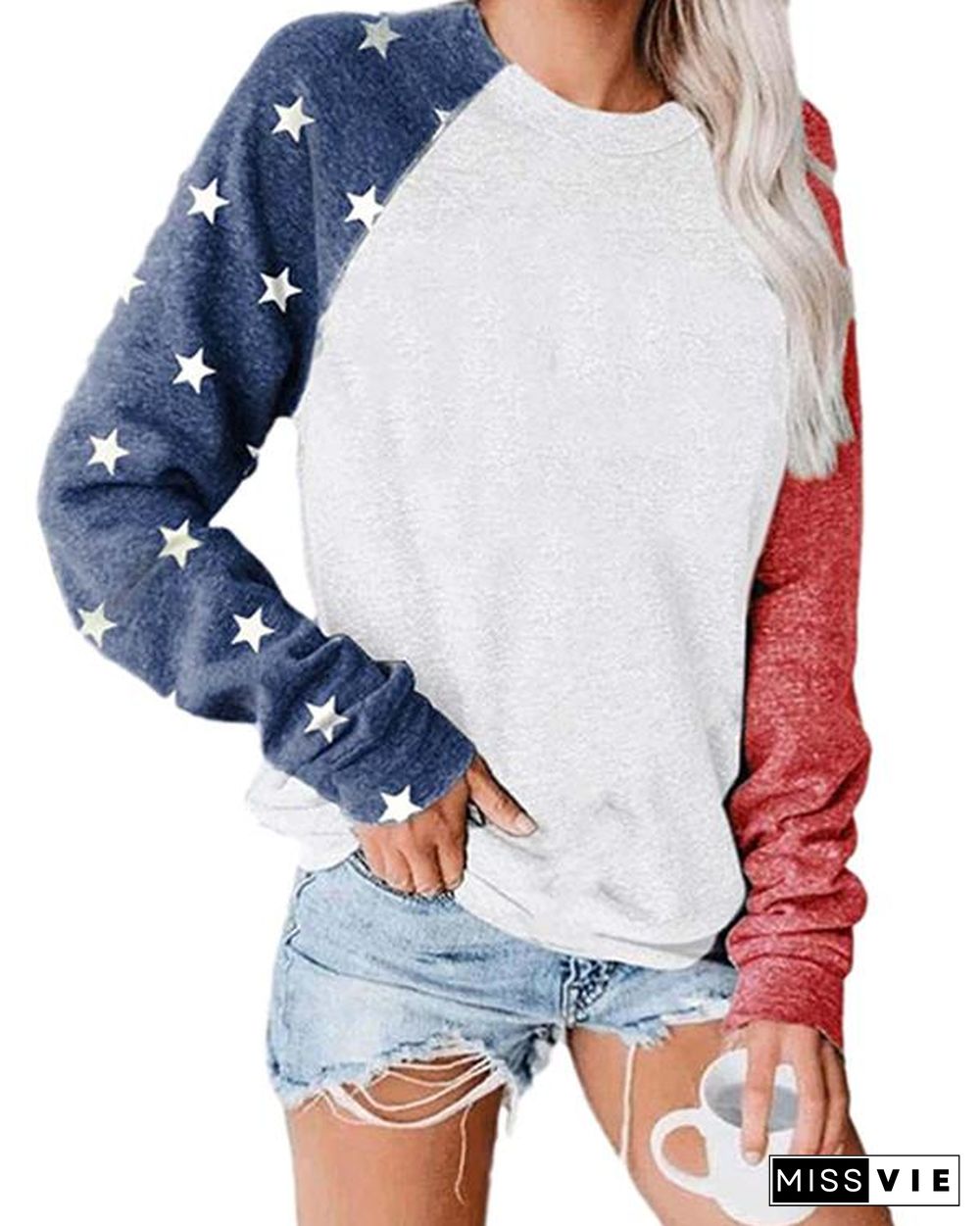 Plus Size Long Sleeve Letter Printed Color Stitching Top