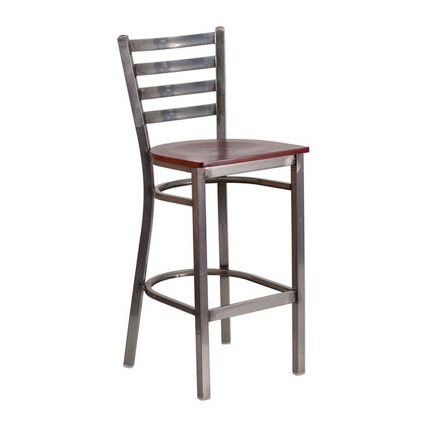 Offex Clear Coated Ladder Back Metal Restaurant Barstool - Mahogany Wood Seat