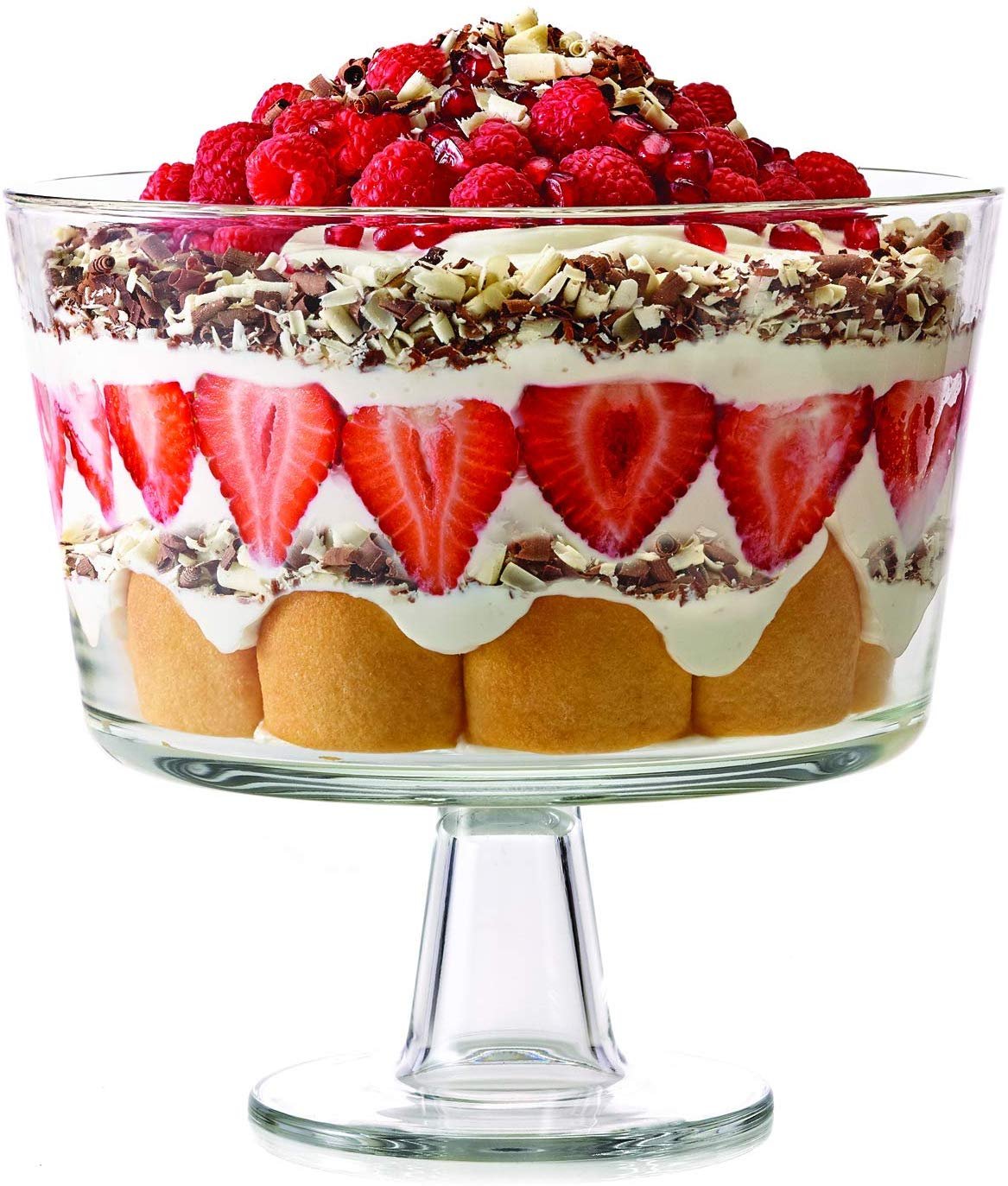 European Trifle Bowl with Pedestal， Round Dessert Display Stand for Laying Cakes， Pastries or Baked Goods， Modern Design with Crystal-Clear Borosilicate Glass， X Quart