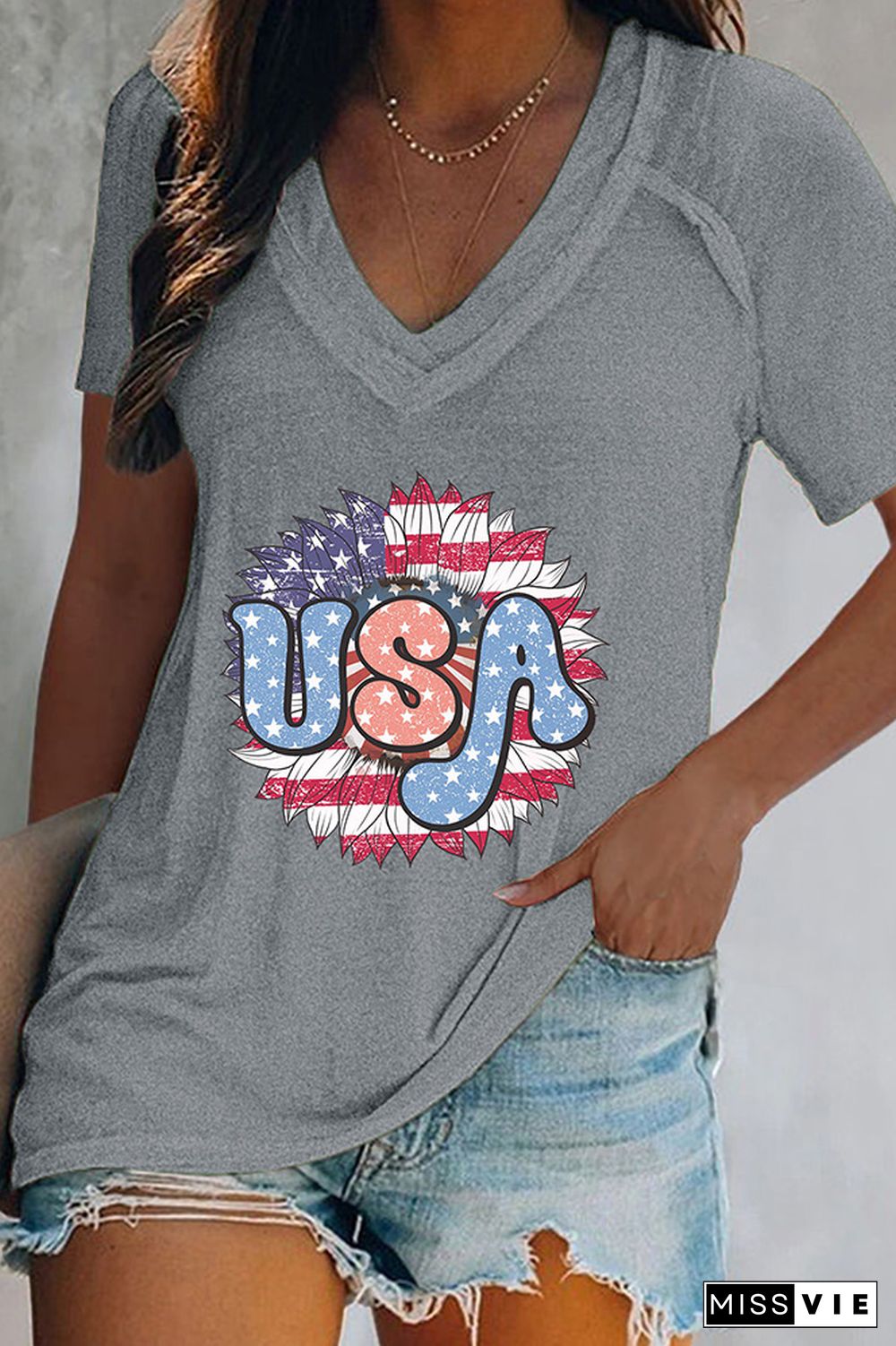 Independence Day US Flag Print V Neck Graphic Tee