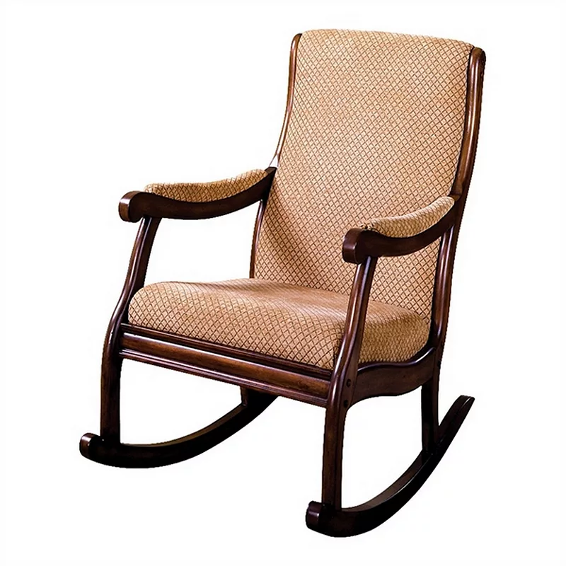 Fabric Upholstered Rocking Chair with Padded Armrests， Brown and Beige