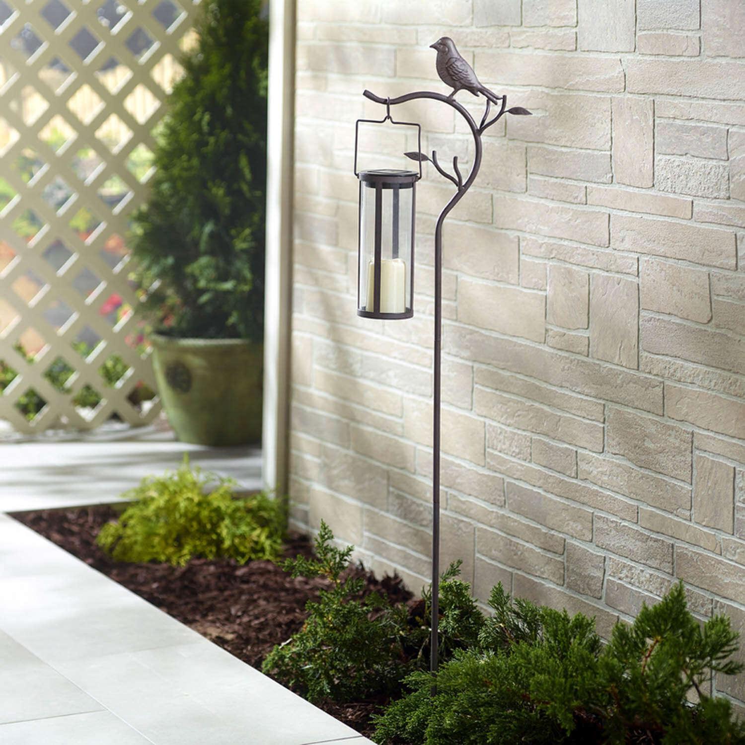 Smart Living 45 in. Solar Power Metal Provence Bird Hanging Lantern Bronze