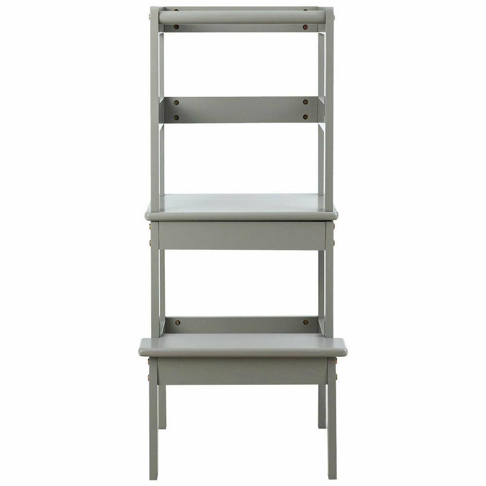 WELLFOR 2-Step Pine Wood Step Stool 330 lbs. Learning Toddler Tower with Safety Rail in Gray BB-HGY-5551GR