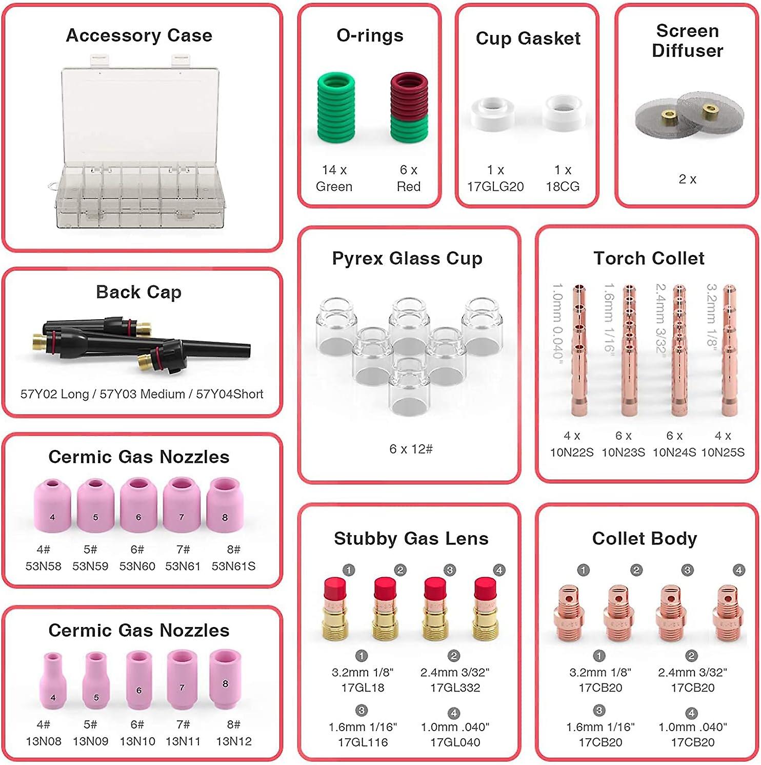 71Pcs TIG Torch Stubborn Lens 12 Glass Set for -17/18/26 TIG Welding Accessory Kit