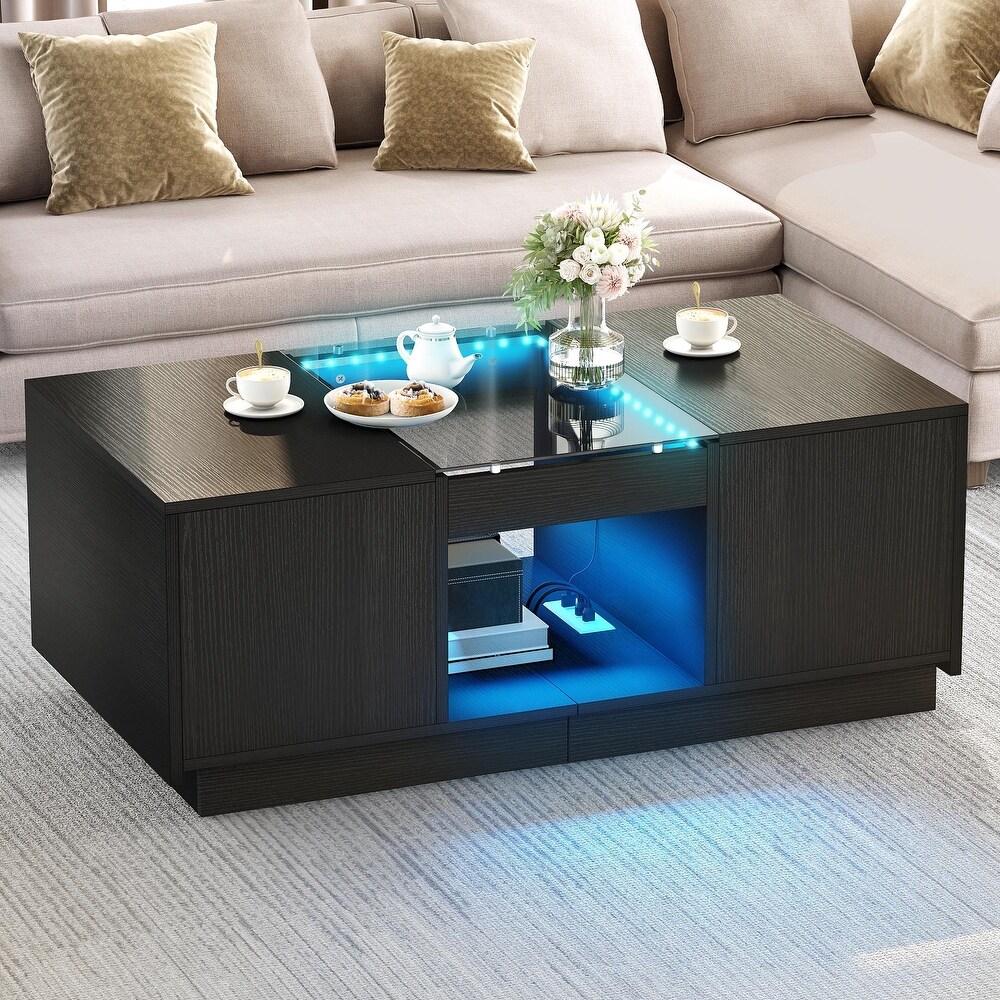 Modern Wood Coffee Table with Storage Drawers and LED Lighting