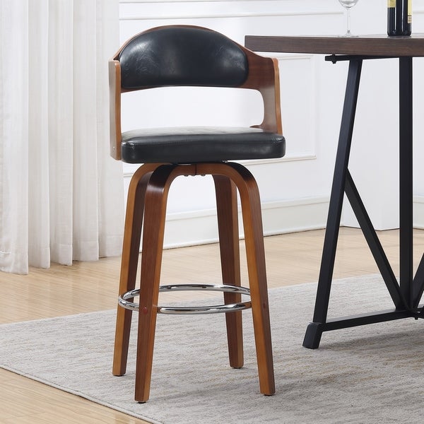 Wood and Faux Leather Mid-Century 27-Inch Swivel Counter Stool