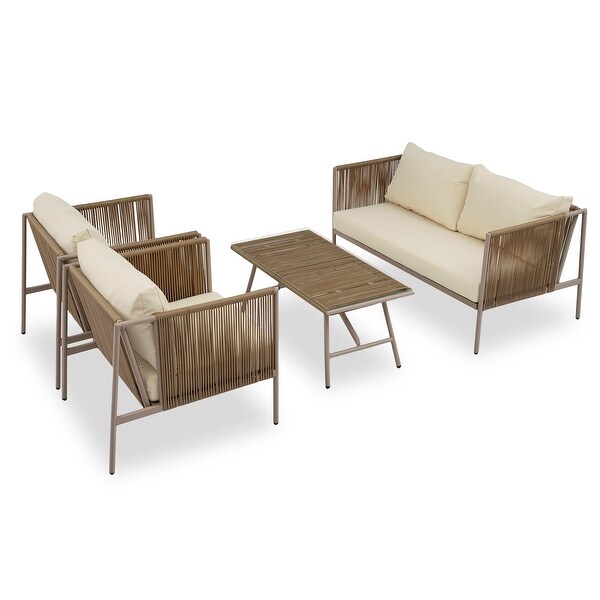 4Piece Outdoor Wicker Rope Sofa Conversation Set with Cushions，Toughened Glass Table