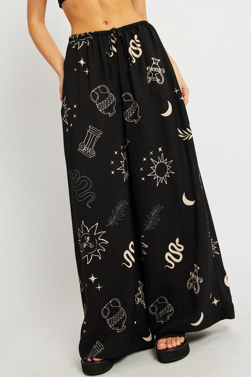 Black Abstract Wide Leg Pants High Rise