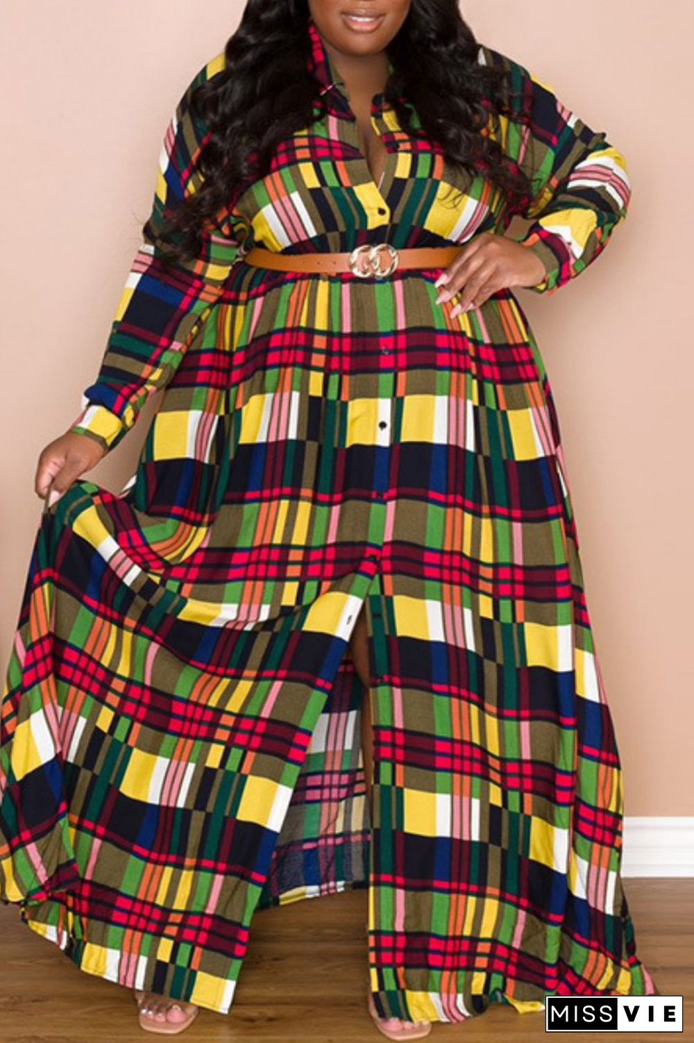 Multicolor Casual Print Patchwork Turndown Collar Shirt Dress Plus Size Dresses (Without Belt)