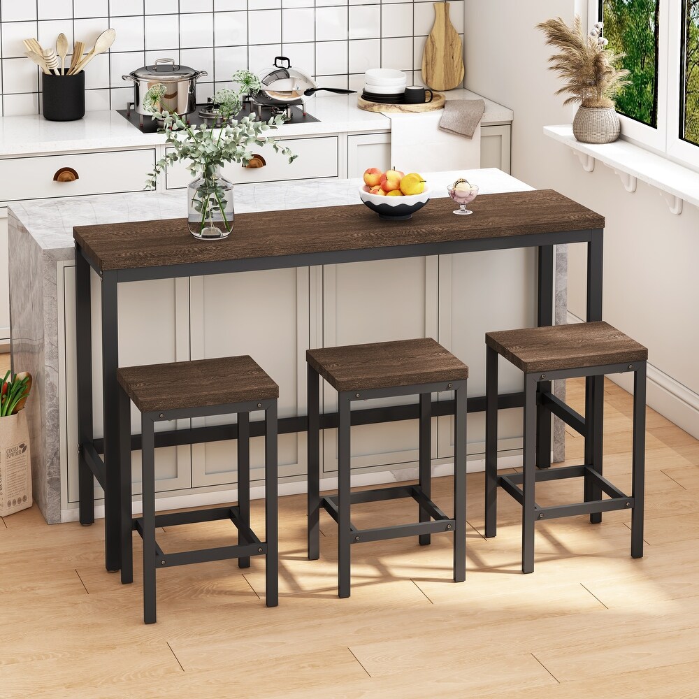 4 Piece Counter Height Long Dining Table Set with 3 Stools   Footrest  Kitchen Dining Table Pub Table Set  Dark Brown