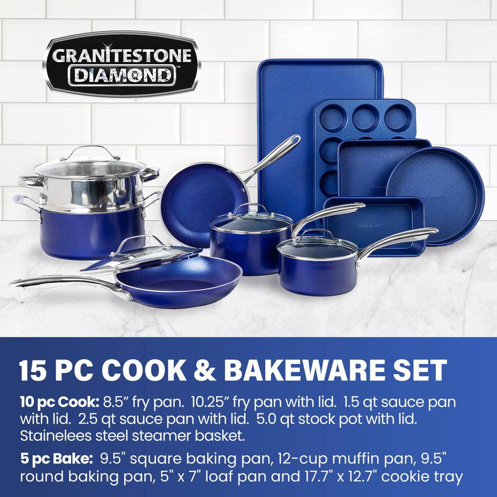 GRANITESTONE Classic Blue 15-Piece Aluminum Ultra-Durable Non-Stick Diamond Infused Cookware and Bakeware Set 7522