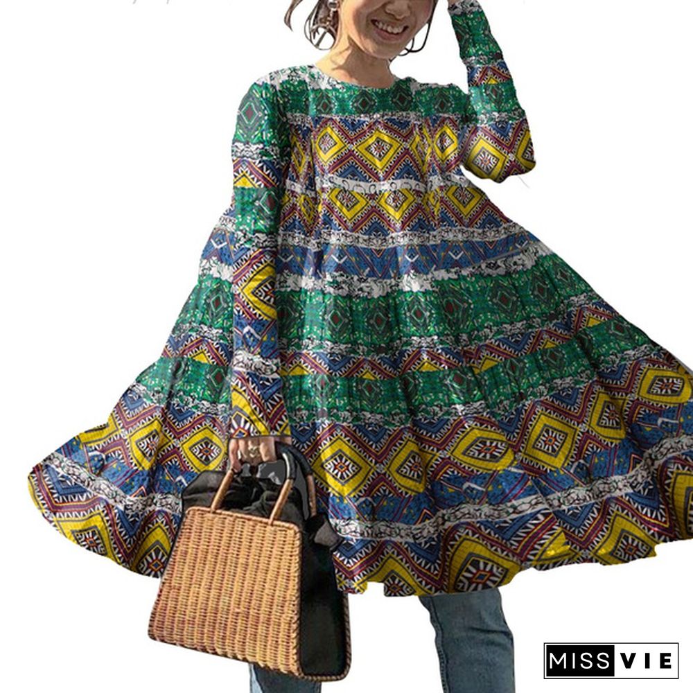 Cotton Long Sleeve Crew Neck Bohemian Floral Print T-Shirt Dress Loose Casual Autumn Baggy Blouse