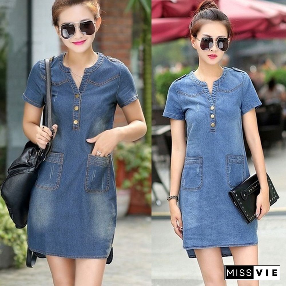 Plus Size Denim Dress Women Short Sleeve Dress Spring Vintage Vestidos Robe Casual Slim V-neck Office Shirt Jeans Dress