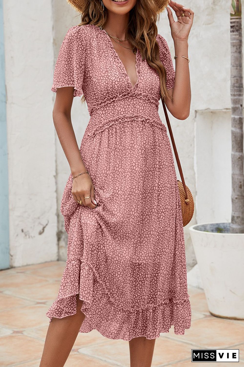 Ruffle V Neck Short Sleeves Dress Wholesale