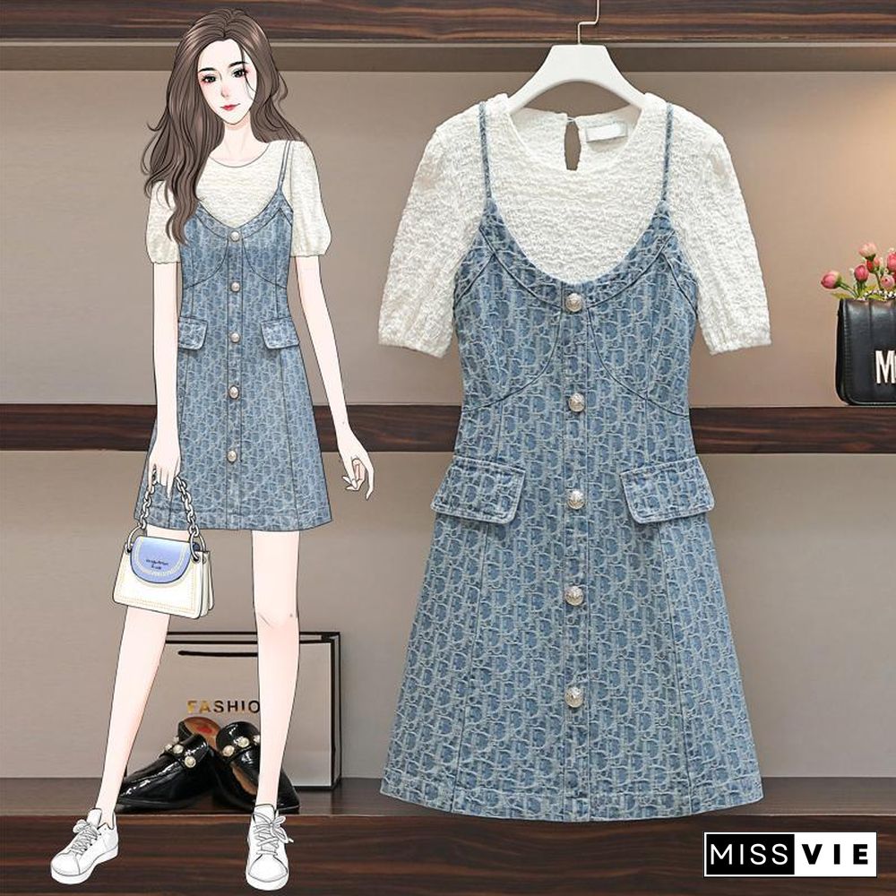 Basic Tee+Denim Cami Dress P10138