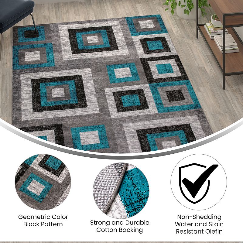 Masada Rugs Newton Collection Modern 6'x9' Accent Rug with Geometric Square Pattern in Turquoise， Gray and White