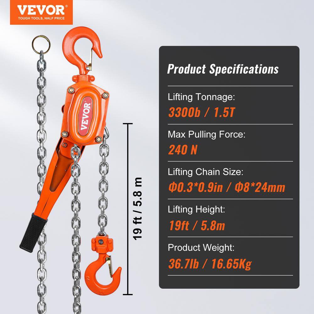 VEVOR 1-12 Ton Manual Lever Chain Hoist 20 ft. Lever Hoist with Weston Double-Pawl Brake for Garage Factory Dock CGSBH112T20FTZ1XBV0