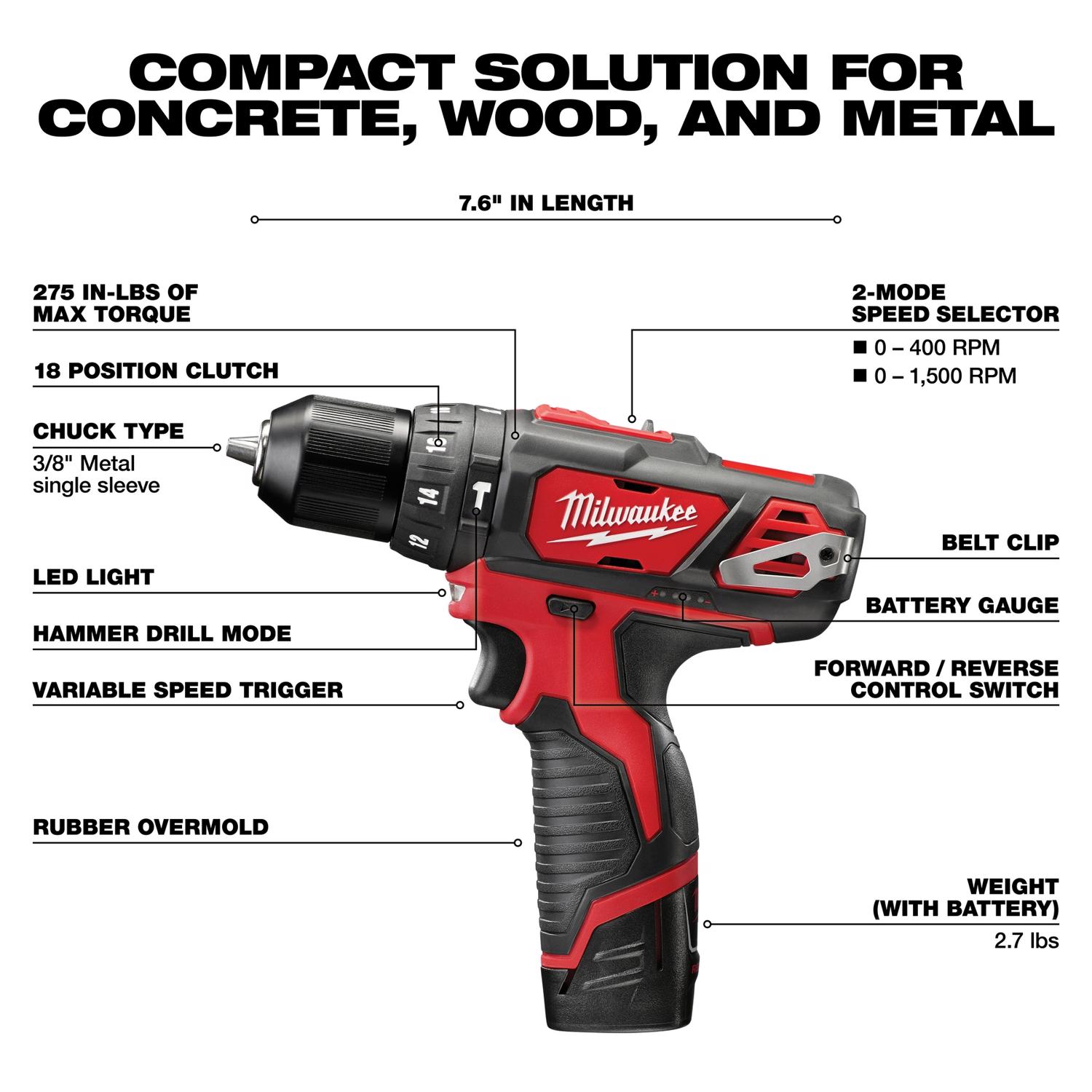 MW M12 12 V 3/8 in. Brushed Cordless Hammer Drill Kit (Battery \u0026 Charger)