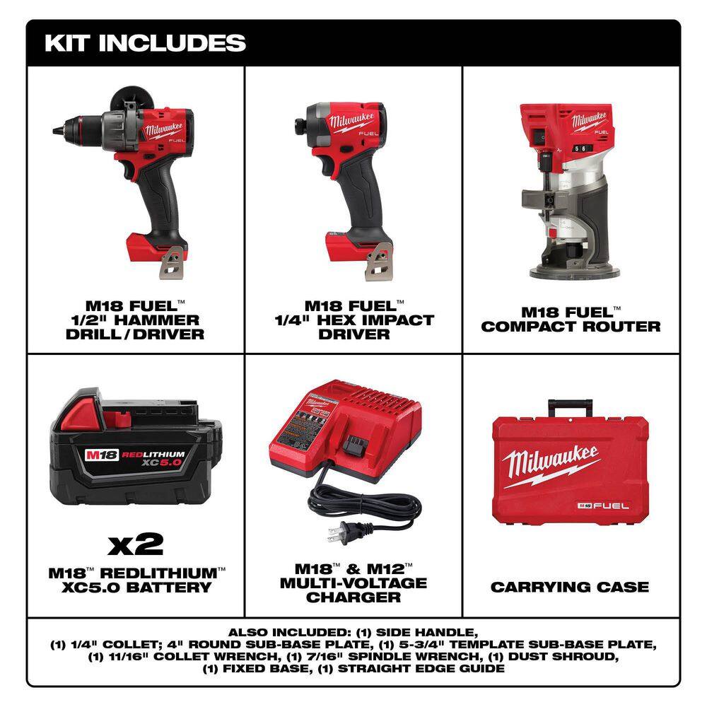 MW M18 FUEL 18-V Lithium-Ion Brushless Cordless Hammer Drill and Impact Driver Combo Kit (2-Tool) with Router 3697-22-2723-20