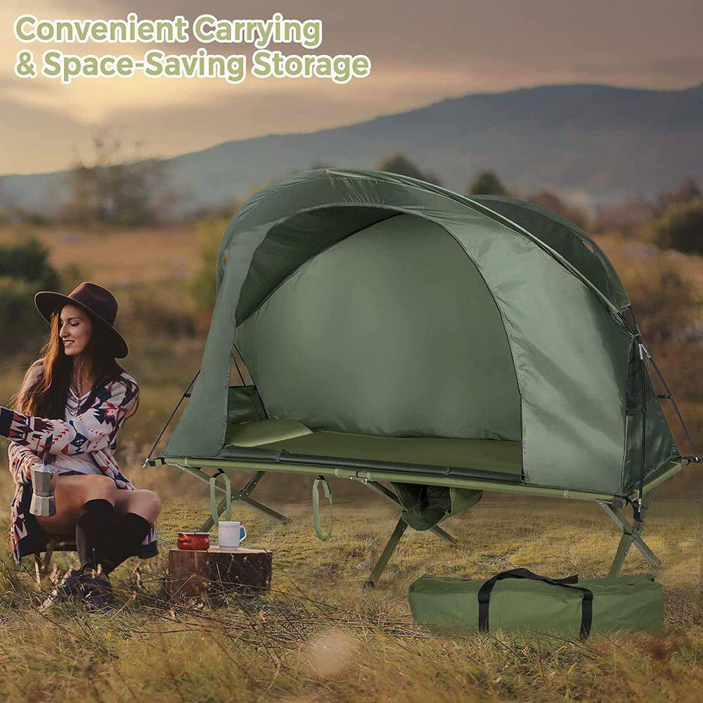 Alpulon 1-Person Green Outdoor Folding Camping Tent Cot Elevated Compact Tent with External Cover ZMWV477