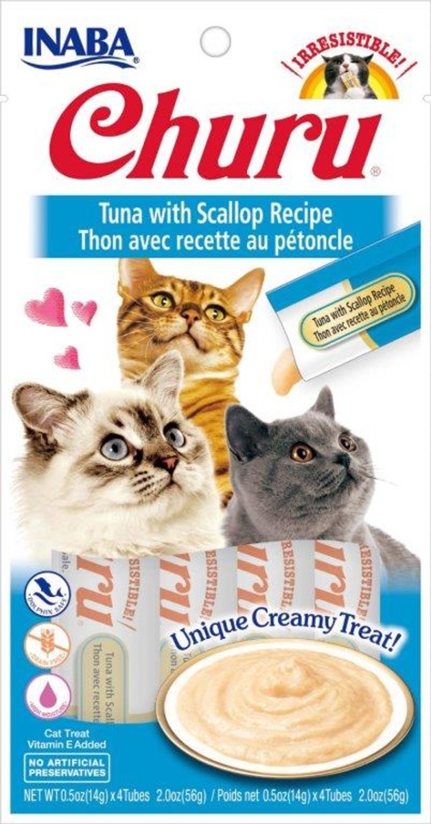 Inaba Churu Grain Free Tuna W/ Scallops Puree Lickable Cat Treat 0.5oz 4 Pack