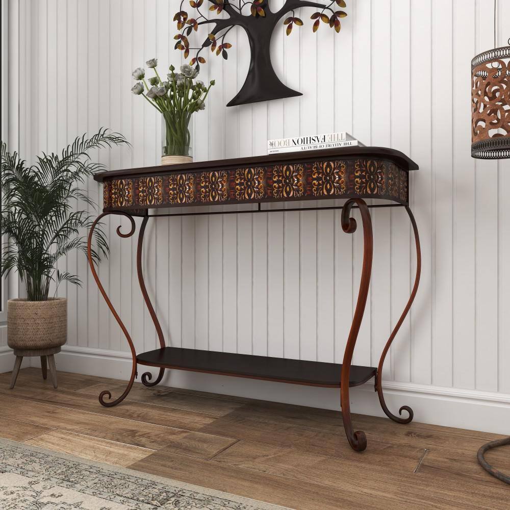 Litton Lane 43 in. Brown Extra Large Rectangle Metal Embossed 1 Shelf Floral Console Table with Ornate Scroll Legs 74362