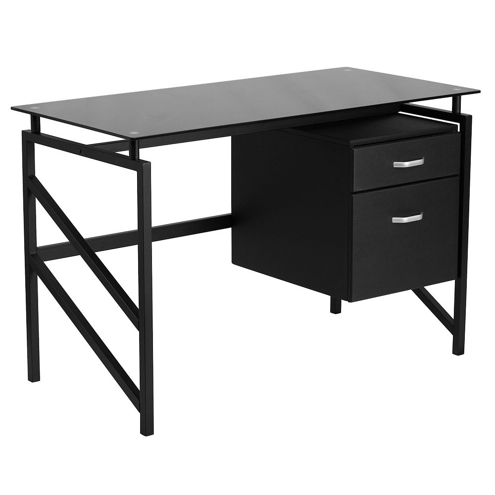 Flash Furniture Glass Desk with Two Drawer Pedestal