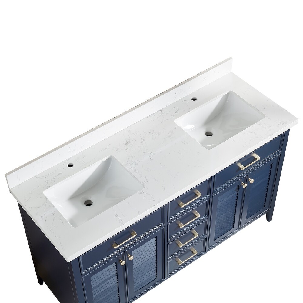 Barcelona 30 inch wood double sink vanity with marble and ceramic sink in Blue