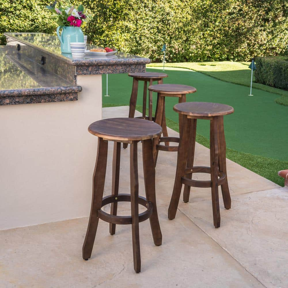 Noble House Pike Dark Brown Wood Outdoor Bar Stool (4-Pack) 40791