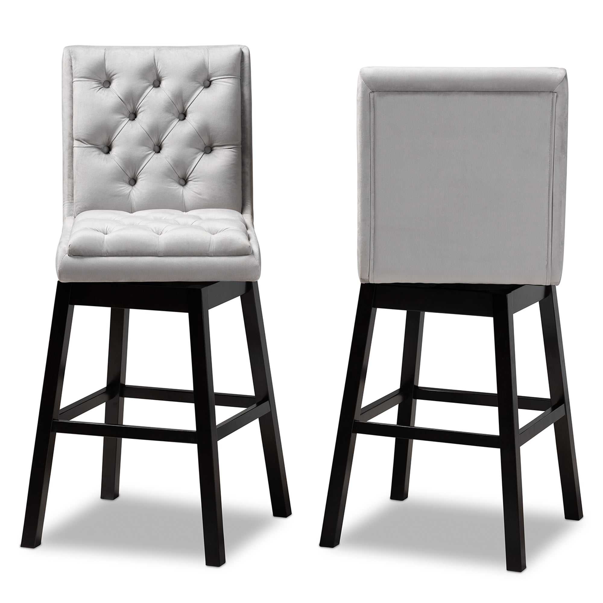 Baxton Studio Gregory Modern Transitional Light Grey Velvet Fabric Upholstered and Dark Brown Finished Wood 2-Piece Swivel Bar Stool Set Set