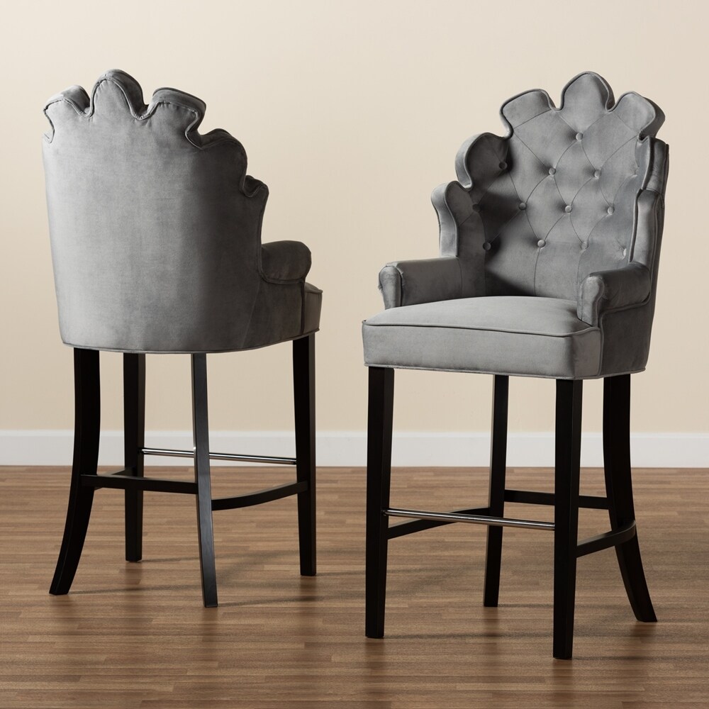 Chloe Modern and Contemporary Dark Grey Velvet Upholstered and Dark Brown Finished Wood 2 Piece Bar Stool Set